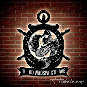 Personalized Mermaid Sailor Home Number Metal Sign  | Custom Mermaid Sailor Garden Address Metal Sign | Outdoor Mermaid Sailor Number Metal
