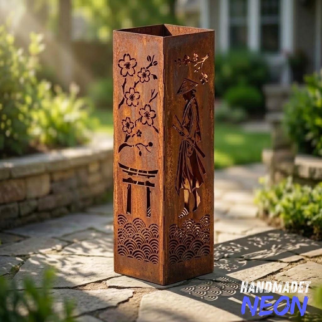 Samurai Metal Garden Column, Japanese Zen Yard Art, Rusty Torii