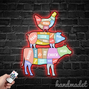 Personalized Cow Pig Chicken Cuts Metal Sign, Meat Cuts Metal Light, Butcher Led Light, Meat Shop Wall Art Light, Butcher Wall Decor