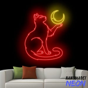 Cat And Moon Neon Sign, Moon Cat Led Sign, Cat Lover Neon Light, Custom Cat Led Light, Cute Cat Room Wall Art, Cat Pet Home Wall Decor