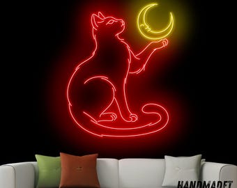 Cat And Moon Neon Sign, Moon Cat Led Sign, Cat Lover Neon Light, Custom Cat Led Light, Cute Cat Room Wall Art, Cat Pet Home Wall Decor