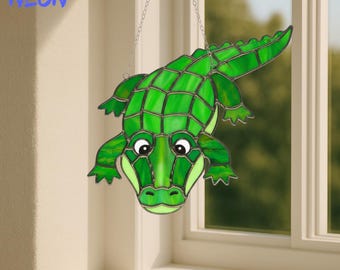 Krokodil glas-in-lood zonnevanger: alligatorraam hangend, kinderkamerdierendecoratie