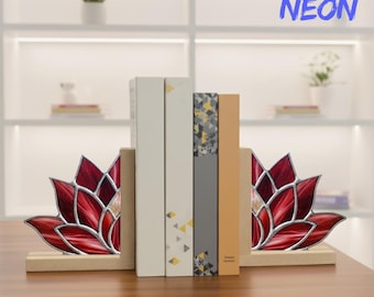 Lotus Flower Stained Glass Bookends: Handmade Wooden Base Book Holder, Home Decor, Christmas Gift Ideas