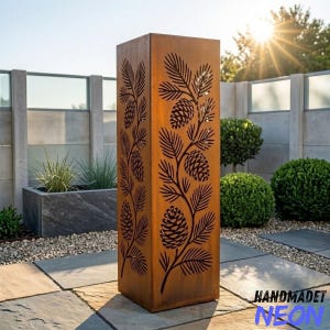 May include: A tall, rectangular, rust-colored metal garden pillar featuring laser-cut designs of pine branches and pinecones on its front face. The structure has a weathered, oxidized finish and stands upright on a paved patio surface.