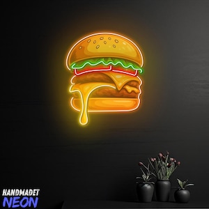 レストランの装飾用ハンバーガーネオンサイン、ハンバーガーネオンライト、ハンバーガーLEDライト、カスタムネオンサイン、ファーストフードの装飾、ハンバーガー愛好家へのギフト