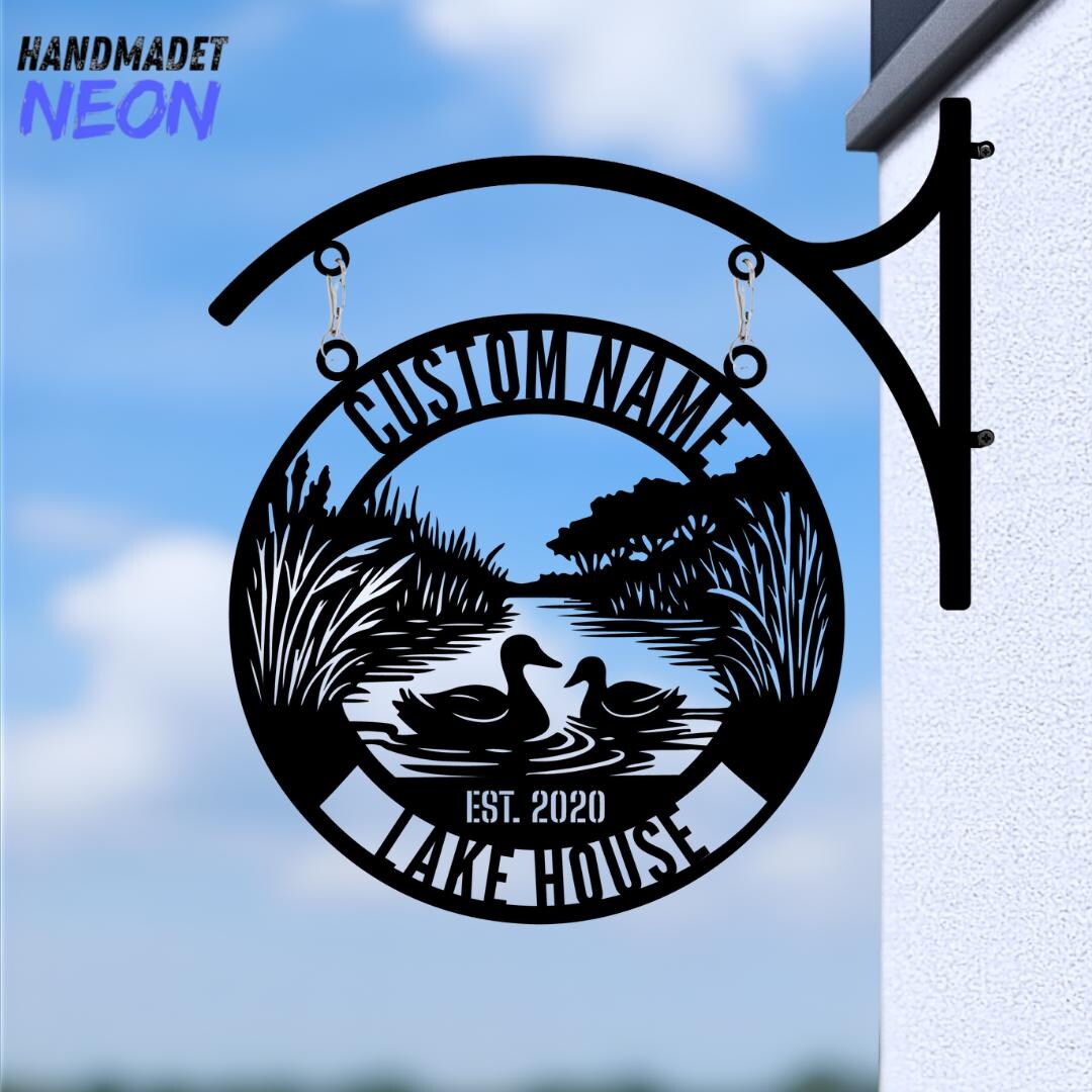Lake House Metal Hanging Sign: Custom Family Name Duck Cabin Sign, Lake ...