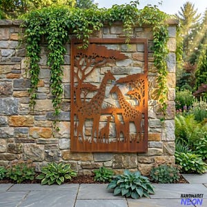 Puede incluir: Una pieza de arte mural de metal oxidado que presenta una silueta de una familia de jirafas sobre un fondo de árboles y sabana. La obra de arte está enmarcada y montada en una pared de piedra, con vegetación y plantas alrededor. Adecuado para la decoración exterior.