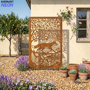 May include: A rectangular, rust-colored metal garden screen featuring a cut-out design of a fox running through a forest. The screen includes the text "HANDMADET NEON" in the upper left corner. The scene includes trees, ferns, and other foliage.