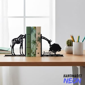 Custom Grazing Giraffe Metal Bookends Giraffe Name Bookend, Giraffe Table Sign, Bookshelf Decor, Book Lover Gift, Animal Metal Desk Decor