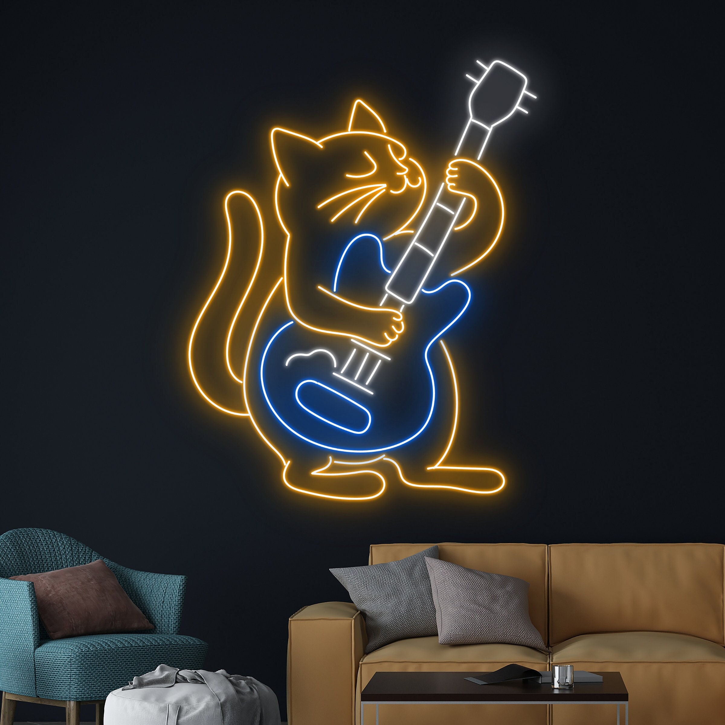 Cat Playing Guitar Neon Sign, Cat Guitarist Led Sign, Cat Guitar Player Led Light, Music Cat Neon Light, Pet Room Wall Decor,Animal Led Sign