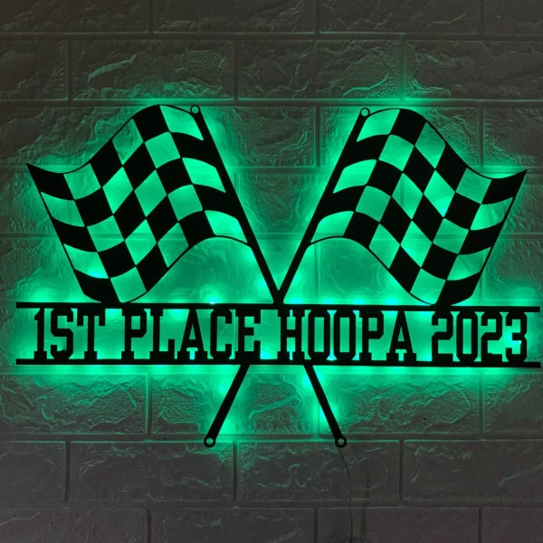 Custom Start Finish Racing Flag Metal Wall Art LED Light - Personalized Race Checkered Flag Name Sign Home Decor -Two Racing Flag Metal Sign