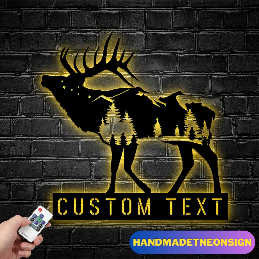Personalized Tree Deer Hunting Metal Wall Art LED Light, Custom Hunter Sign Home Decor, Deer