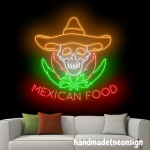 Mexican Food Neon Sign Skull Sombrero Hat Led Sign, Chili Mexico Neon Light, Food Led Light, Kitchen Wall Art, Mexican Restaurant Wall Decor