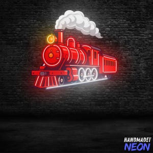 May include: A red neon sign depicting a steam train with white smoke. The train is outlined in red neon, with white neon detailing for the wheels and track. The sign is mounted on a dark brick wall.