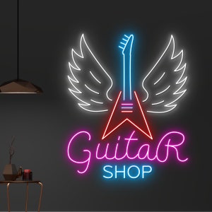 Custom Guitar Shop Led Sign, Wings Guitar Neon Light, Electric Guitar Neon Sign, Music Instrument Shop Led Light, Rock Music Studio Led Sign