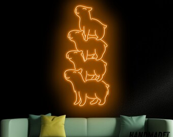 Capybara Neonschild – Niedlich Mit Brille, Gelb-grünes LED-Licht, USB-Betrieb, Fürs Kinderzimmer & Deko