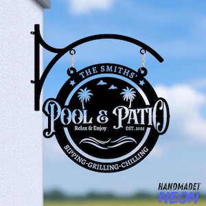 May include: Black metal sign for a pool and patio, hanging from a decorative bracket. The sign reads "The Smiths' Pool & Patio" with palm trees and the words "Relax & Enjoy" and "Sipping, Grilling, Chilling."
