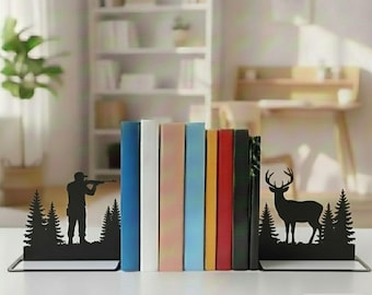 Sujetalibros de metal con temática de caza de ciervos: decoración de estantería y mesa.