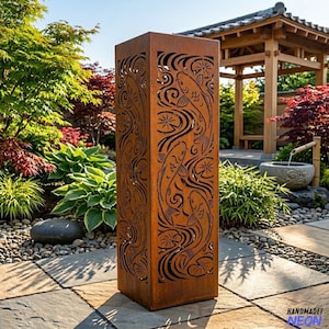 May include: A tall, rectangular, rust-colored metal garden pillar featuring intricate laser-cut designs of koi fish swimming among swirling water patterns and lily pads. The structure has a weathered, oxidized finish and stands upright.