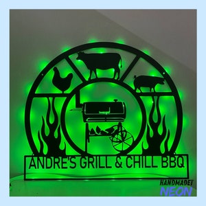 Cartello in metallo per barbecue personalizzato, luce in metallo per barbecue e griglia, luce a LED per barbecue in giardino, arte murale per ristoranti e barbecue, decorazione murale per cucina e casa