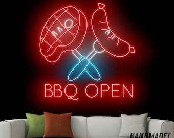 BBQ Open Neon Sign, Barbecue Led Sign, Grill Meat Neon Light, Steak BBQ Led Light, Restaurant Wall Art Decor, Kitchen Home Wall Decor