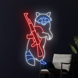 Raccoon Shooting Led Sign, Raccoon Cowboy Neon Light, Raccoon Neon Sign, Raccoon Led Light, Room Wall Decor Sign, Raccoon Decor