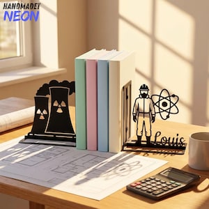 Sujetalibros metálicos personalizados para ingenieros nucleares, soporte para libros de centrales eléctricas con nombre, decoración de escritorio con temática atómica.