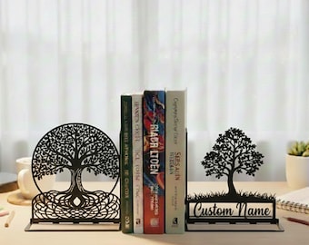 Personalized Tree Metal Bookends, Custom Name Metal Book Stopper with Name, Gift for Tree Lover Home Decoration, Table Decor