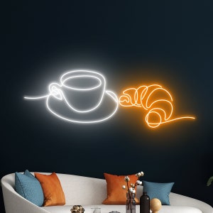 Croissant Coffee Neon Sign, Cafe Croissant Neon Light, Tea Cup Croissant LED Light, Food Drink Shop Led Sign, Bakery Wall Art Room Decor