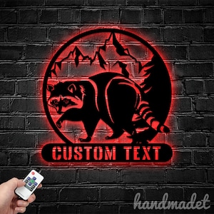 Personalized Raccoon Metal Wall Sign, Raccoon Metal Wall Light, Custom Animal Led Wall Sign, Wild Life Led Wall Light, House Wall Decor
