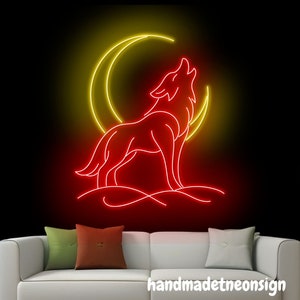 Wolf And Moon Neon Sign, Wolf Led Sign, Moon Neon Light, Wolf Moon Led Light, Wolf Animal Room Wall Art Decor, Animal Moon House Wall Sign
