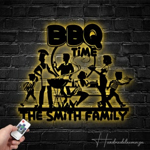 Custom BBQ Time Metal Wall Art LED Light - Personalized Barbecue Name Sign Home Decor - Grill Food BBQ Metal Sign, Family Party Decor Gift