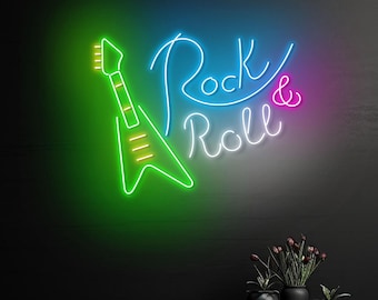 Rock And Roll Neon Sign For Live Music Decor, Electronic Guitar Led Light, Custom Neon Sign, Music Studio Wall Decor, Gift For Musician