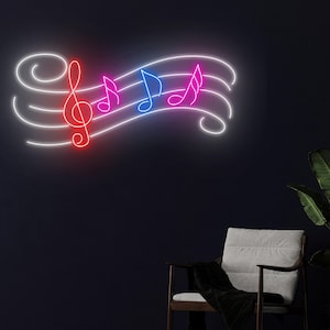 May include: A neon wall sign featuring a white glowing musical staff with a red treble clef and three musical notes in pink, blue, and pink. The design is composed of continuous glowing lines that create a flowing, wave-like musical composition.