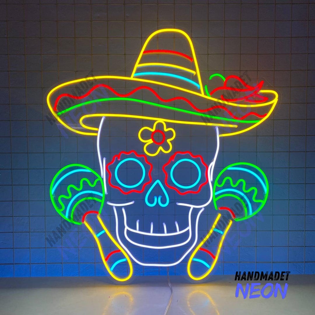 Mexican Skull Neon Sign - Colorful LED Wall Light for Bar, Restaurant ...