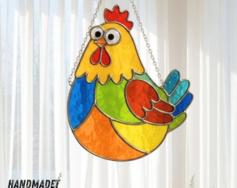 Chicken Stained Glass Suncatcher, Farmhouse Window Hanging, Handmade Chicken Decor
