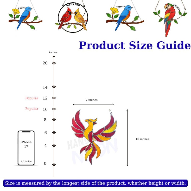 May include: A stained glass phoenix with red, yellow, and orange hues, measuring 7 inches wide and 10 inches tall. The image also shows various bird ornaments and a product size guide.