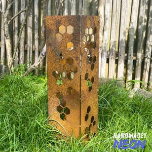 Rustic Metal Honeycomb Garden Column, Laser Cut Steel Yard Art, Outdoor Plant Stand, Beehive Garden Column, Modern Garden Sculpture