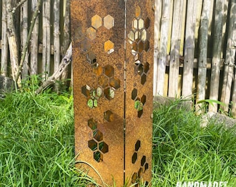 Rustic Metal Honeycomb Garden Column, Laser Cut Steel Yard Art, Outdoor Plant Stand, Beehive Garden Column, Modern Garden Sculpture