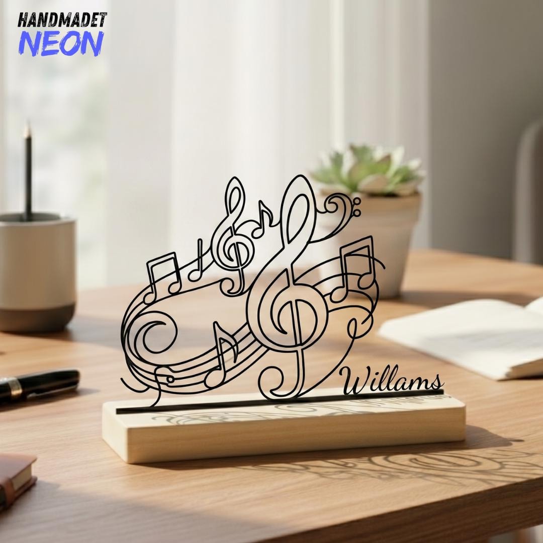 Personalized Music Note Metal Art on Wooden Base, Musician Desk Name ...