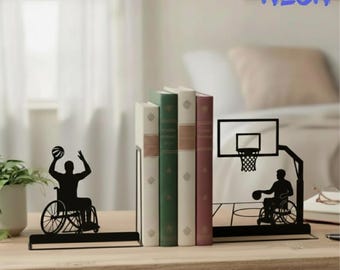 Personalized Wheelchair Basketball Metal Bookends, Custom Basketball Book Stopper with Name, Gift For Basketball Lover, Man Cave Decor