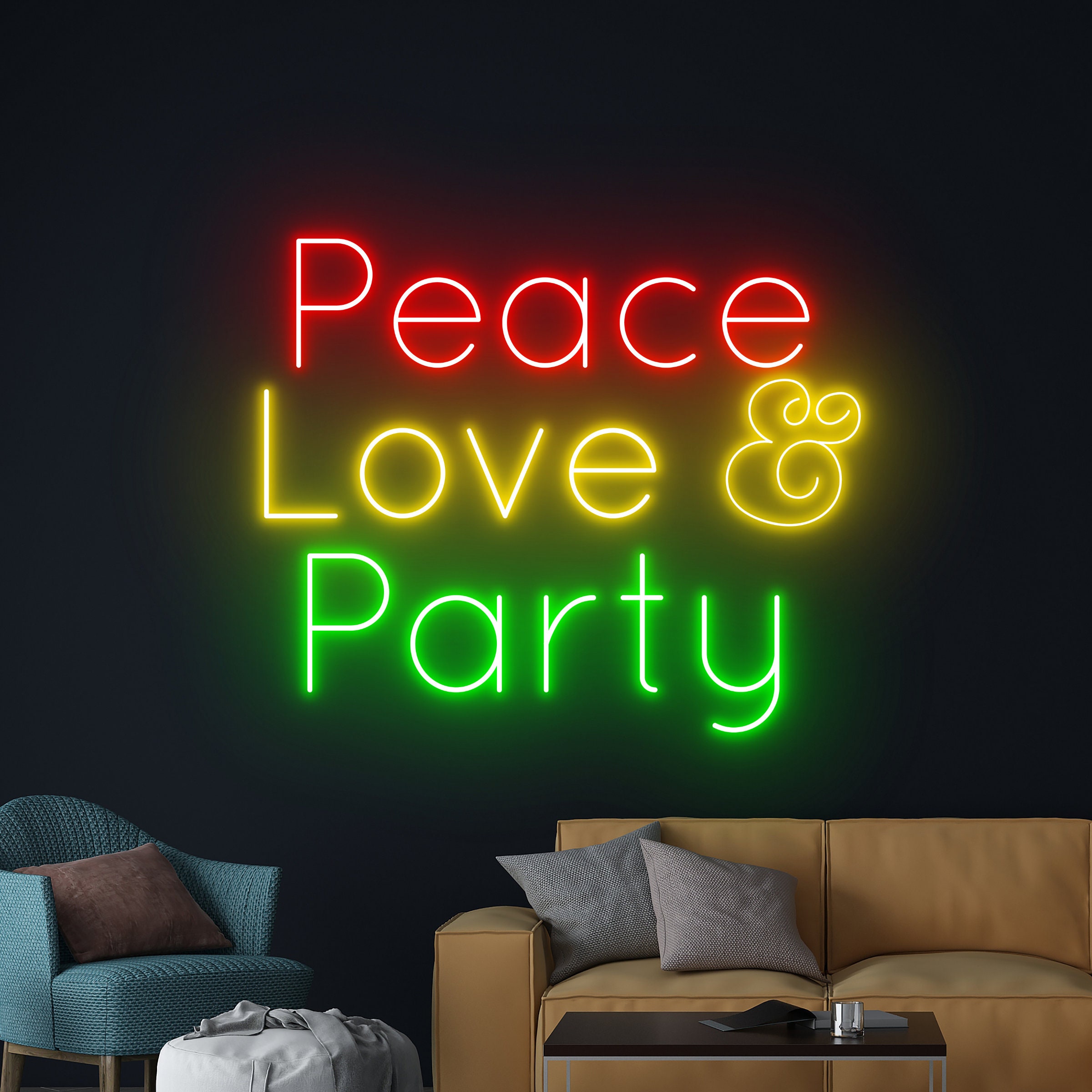 Peace Love und Party Leuchtreklame, Peace Love & Party LED-Schild 