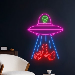 Alien UFO Abduction Cat Neon Sign, UFO Cat Alien Led Sign, Alien Cat UFO Neon Light, Alien Ufo Cat Led Light, Kid Room Wall Art Decor
