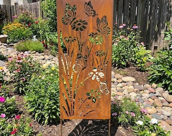 Panel de estaca de metal para jardín con diseño de mariposas, pantalla de privacidad oxidada, decoración de jardín con mariposas, regalo para jardín