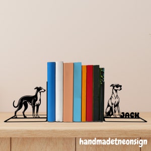 Custom Greyhound Dog Metal Bookends, Dog Name Bookend, Dog Table Sign, Pet Bookshelf Decor, Book Lover Gift, Dog Metal Desk Home Decor