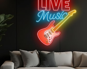 Live Music Neon Sign For Music Studio Decor, Guitar LED Light, Custom Neon Sign, Gift For Musician or Music Lover, Music Room Decor