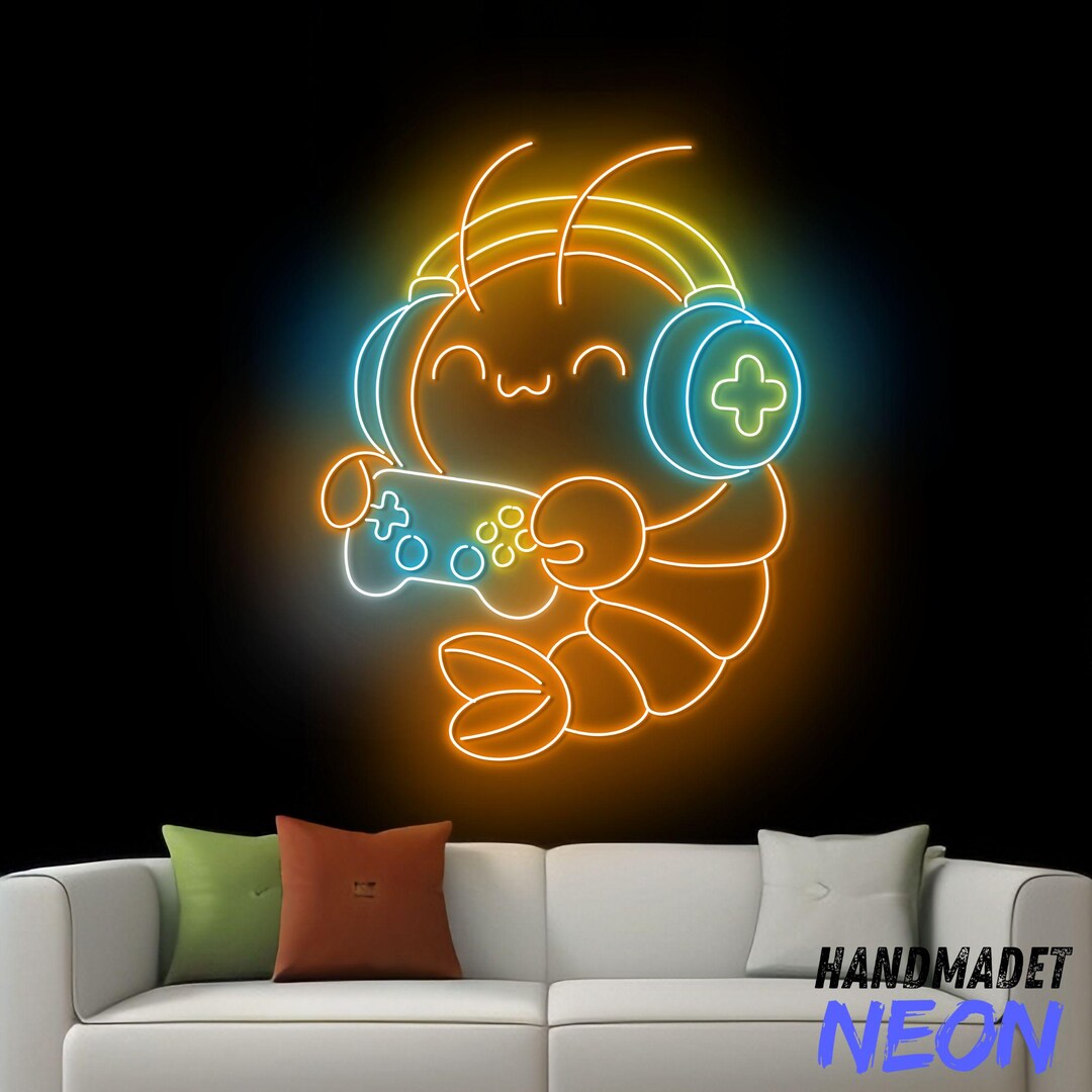 Shrimp Playing Game Neon Sign, Shrimp Headphone Led Sign, Shrimp Gamer ...