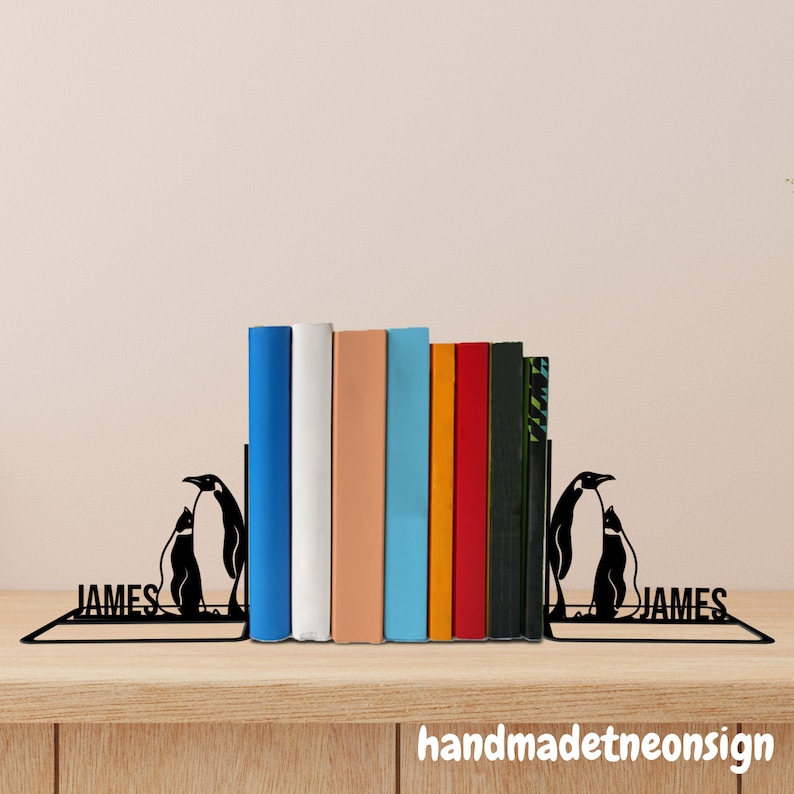 Custom Penguin Metal Bookends Penguins Name Bookend, Penguin Table Sign