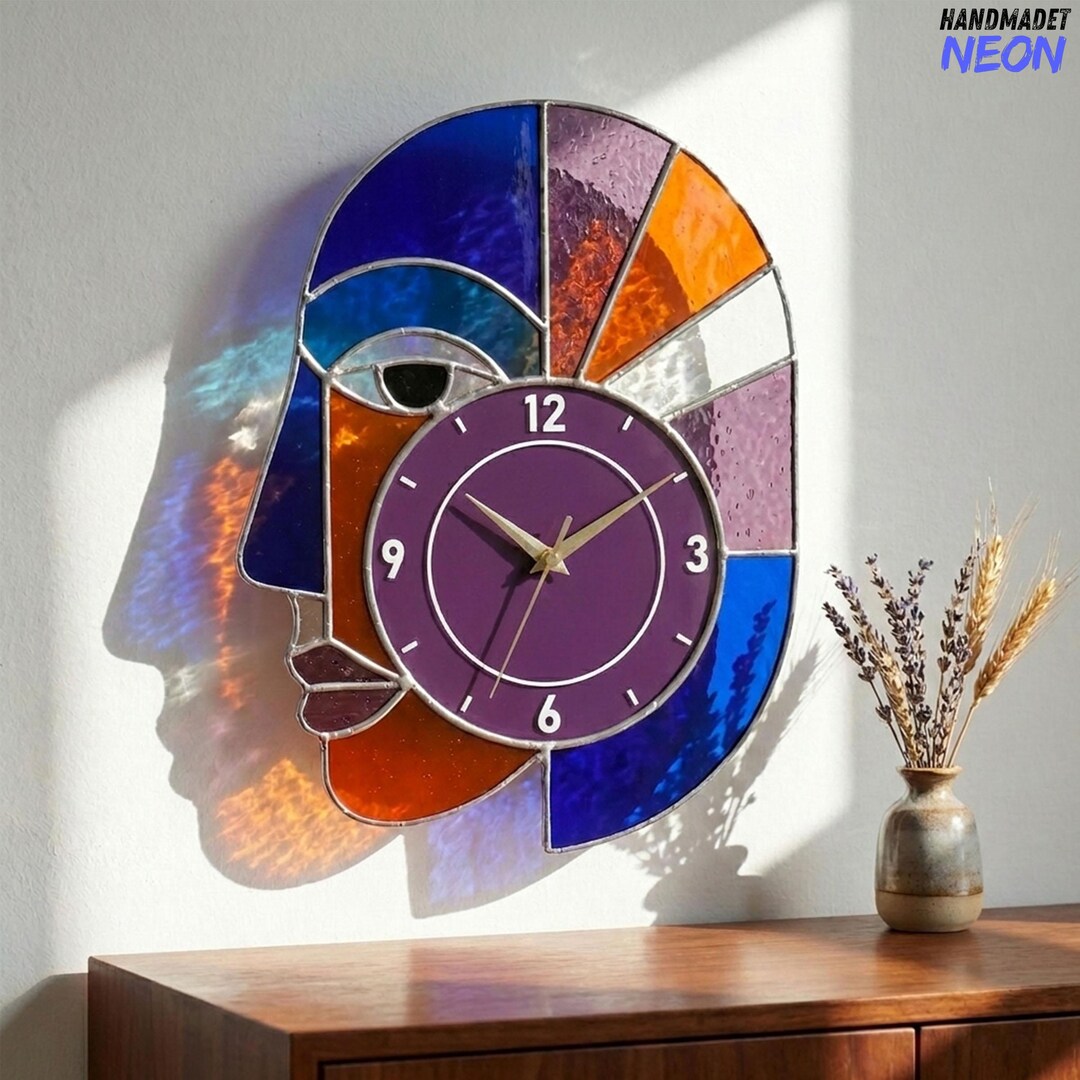 Custom Abstract Face Stained Glass Clock, Suncatcher Wall Art, Artistic ...