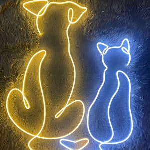 Insegna al neon da parete con gatto e cane - Simpatica luce LED a forma di animale per camera da letto, soggiorno, regalo per bambini, decorazione per amanti degli animali